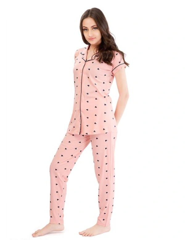 Lotik Women's Cotton Pink & Rani Heart Print Front-Open Nightsuit Set - XXL, Pink, Cotton, Multipack of1